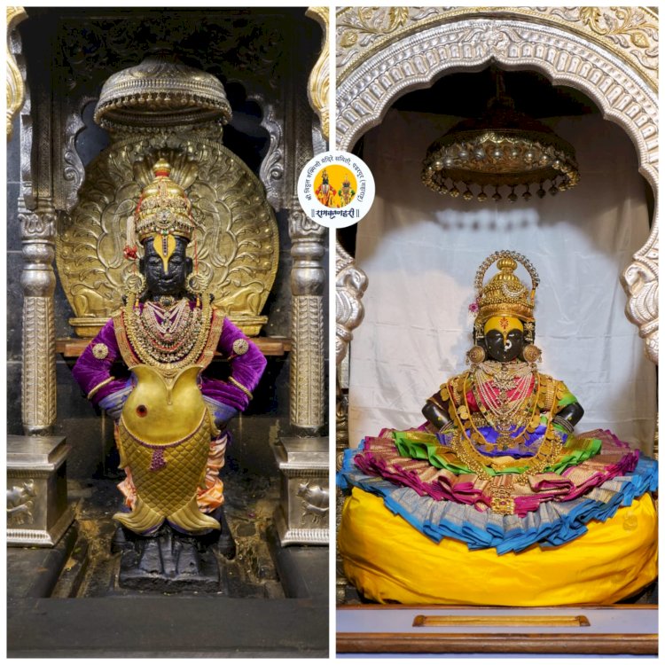 पंढरपूरच्या विठ्ठल मंदिरातील नवरात्र महोत्सव: सातवी माळ.  श्री विठ्ठलास अलंकार, रूक्मिणी मातेस पारंपारिक पसरती बैठक पोषाखासह अलंकार परिधान,