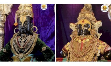 नवरात्र महोत्सव:सातवी  माळ.   श्री विठ्ठलास अलंकार, रूक्मिणी मातेस पारंपारिक श्री. महालक्ष्मी माता पोशाख सह अलंकार परिधान,  श्री विठ्ठल- रुक्मिणी मंदिरे समितीच्या वतीने नवरात्रीचे औचित्य साधून परिवार देवता मंदिरांमध्ये विशेष प्रसाद वाटपाचा कार्यक्रम आयोजित.